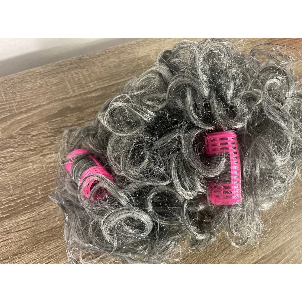 Old Lady Grandma Wig Gray Curly Pink Rollers Granny Costume Halloween 100 Day